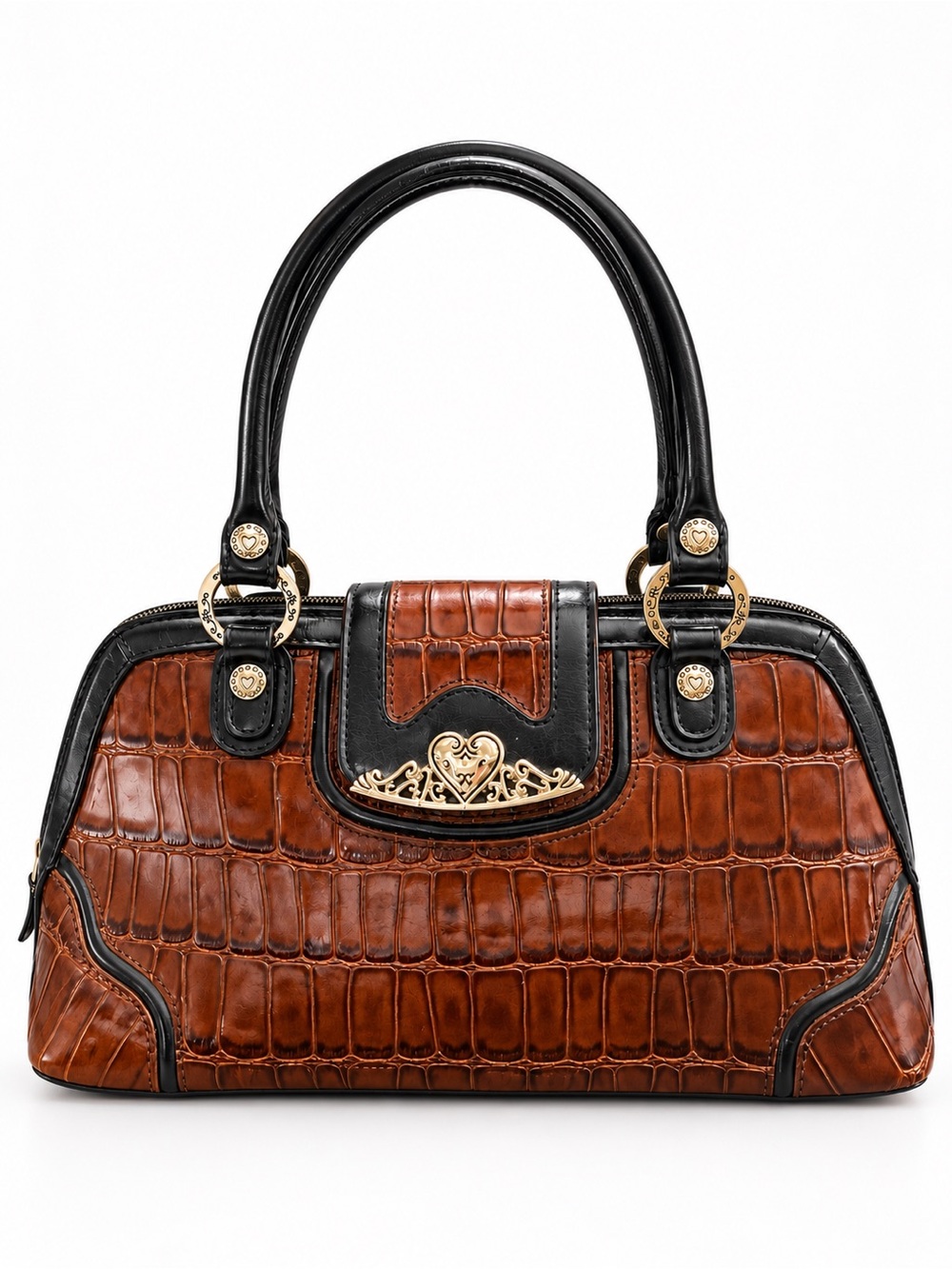 MC Marc Chantal Cognac Brown Croc Embossed Leather Satchel Handbag